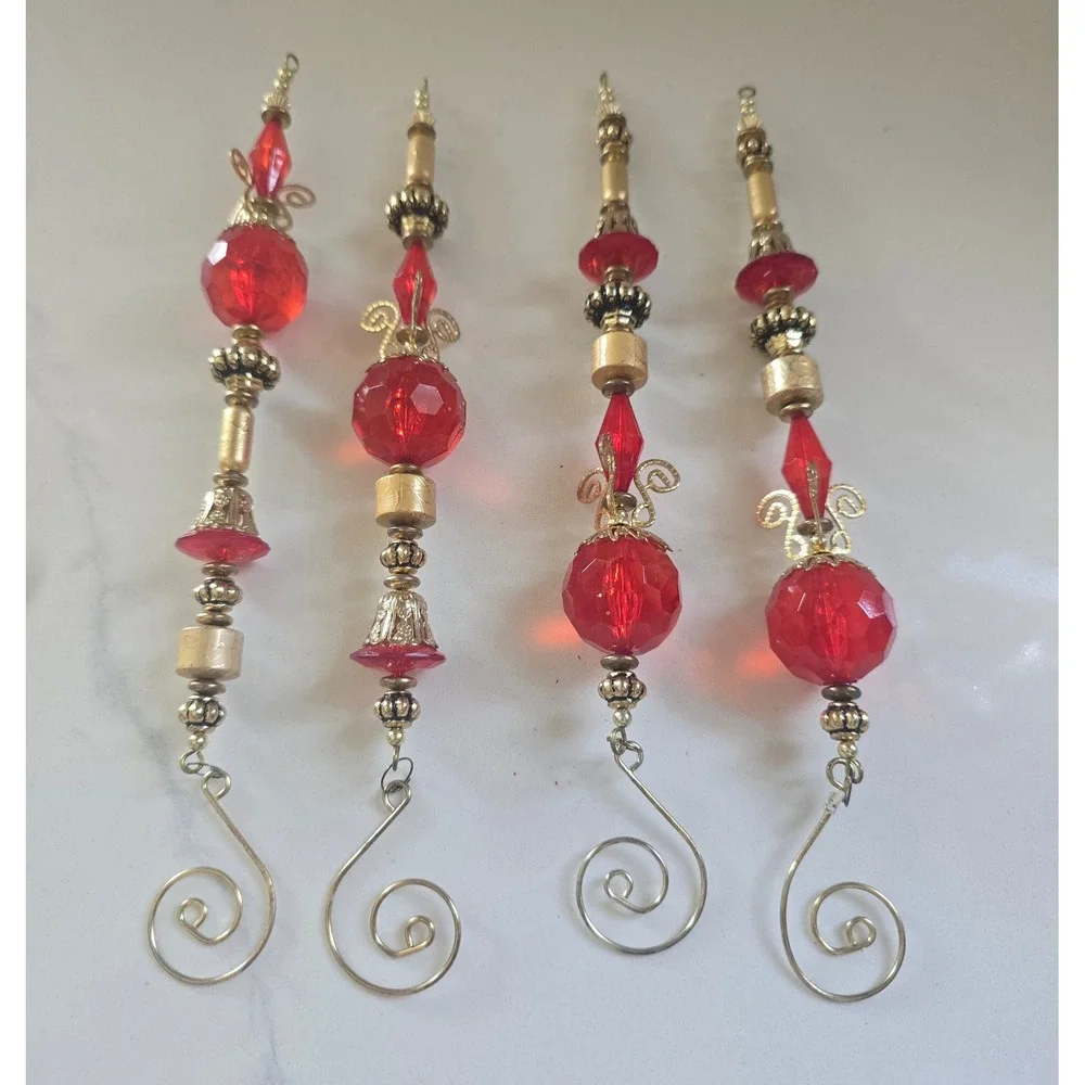 Vintage Style Red and Gold Beaded Icicle Christmas Ornaments Set of 4 Hanging